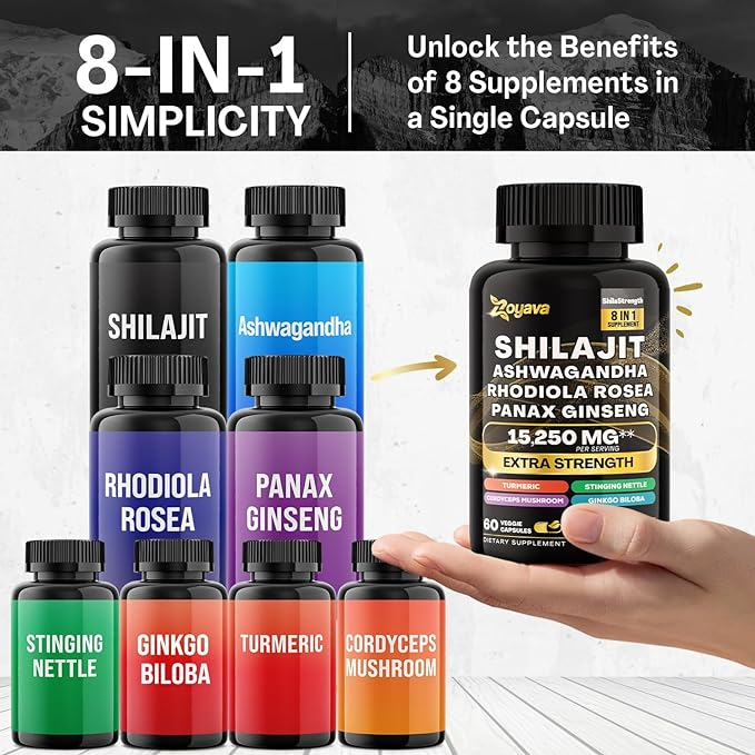 Shilajit Pure Himalayan 9000MG, Energy Booster Ashwagandha 2000MG, Rhodiola Rosea 1000MG, Panax Ginseng 1500MG, Turmeric 500MG, Ginkgo Biloba 500MG, Stinging Nettle 250MG Cordyceps Mushroom 500